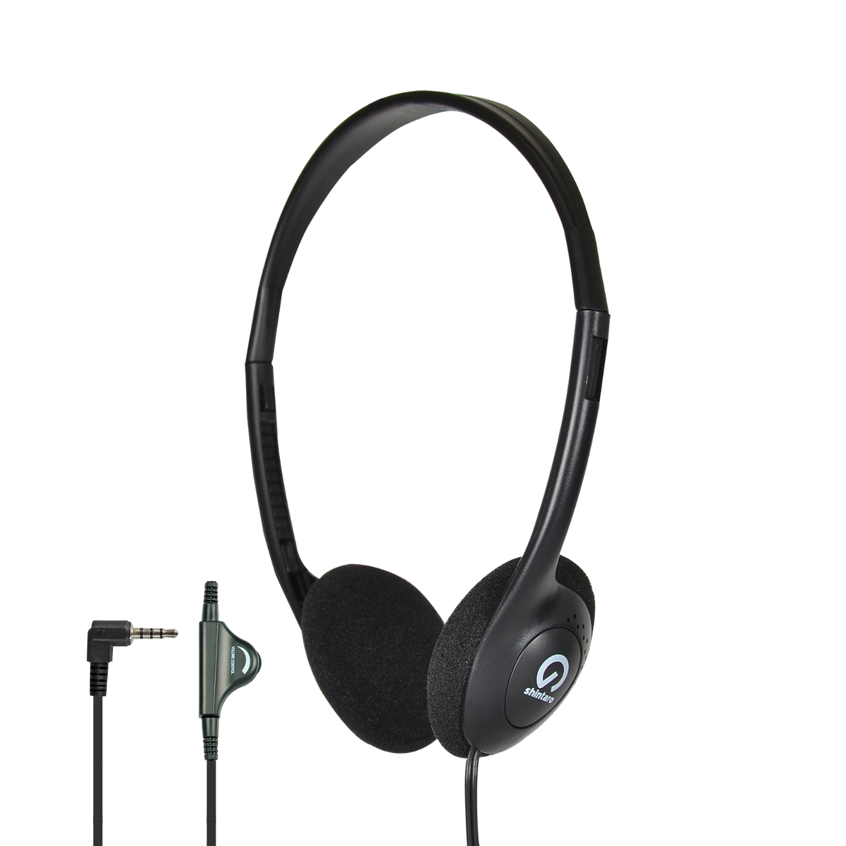 Shintaro SH-101 black lightweight on-ear headphones with adjustable headband, soft black ear covers, in-line volume control and angled 3.5mm plug