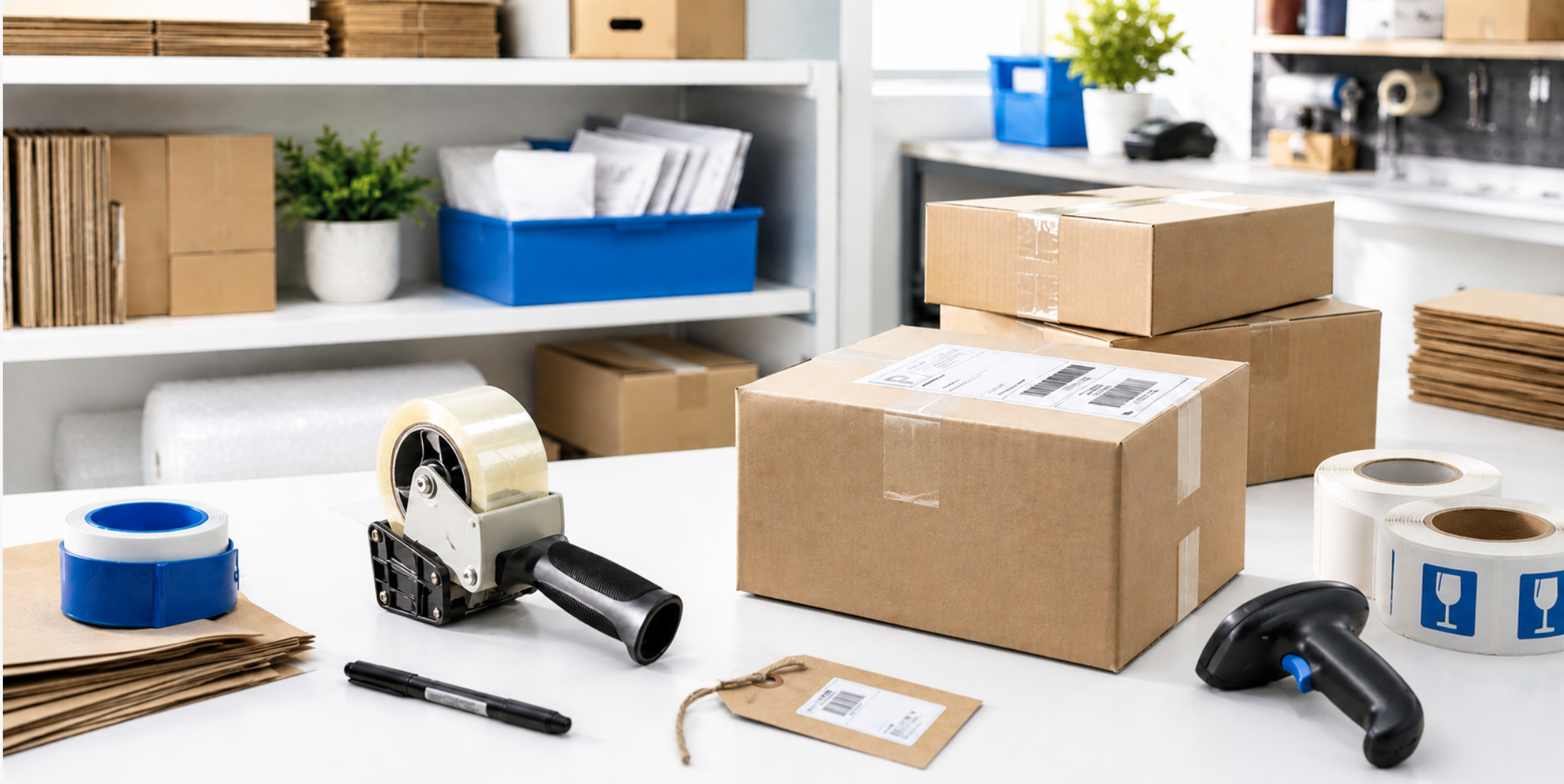 A workspace or shipping station with multiple brown cardboard boxes, shipping labels, tape dispensers, a tape dispenser, a barcode scanner, and packing materials arranged on a white table. Shelves in the background hold boxes, folders, and small plants.