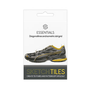 Sketch Tiles Essentials pack labelled diagonal lines and isometric dot grid, with a rendered black and yellow sneaker sketch