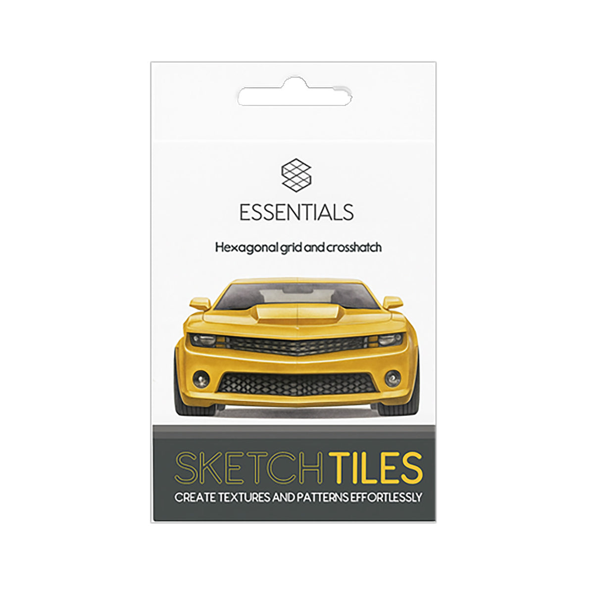 Sketch Tiles Essentials card labelled hexagonal grid and crosshatch, showing a yellow sports car front with textured grille