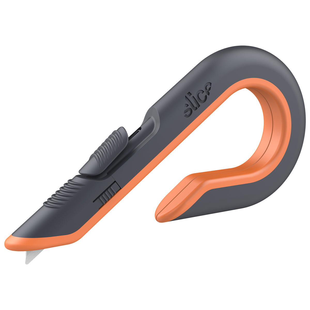 Slice 10400 orange and grey box cutter with curved loop handle and ceramic blade tip extended