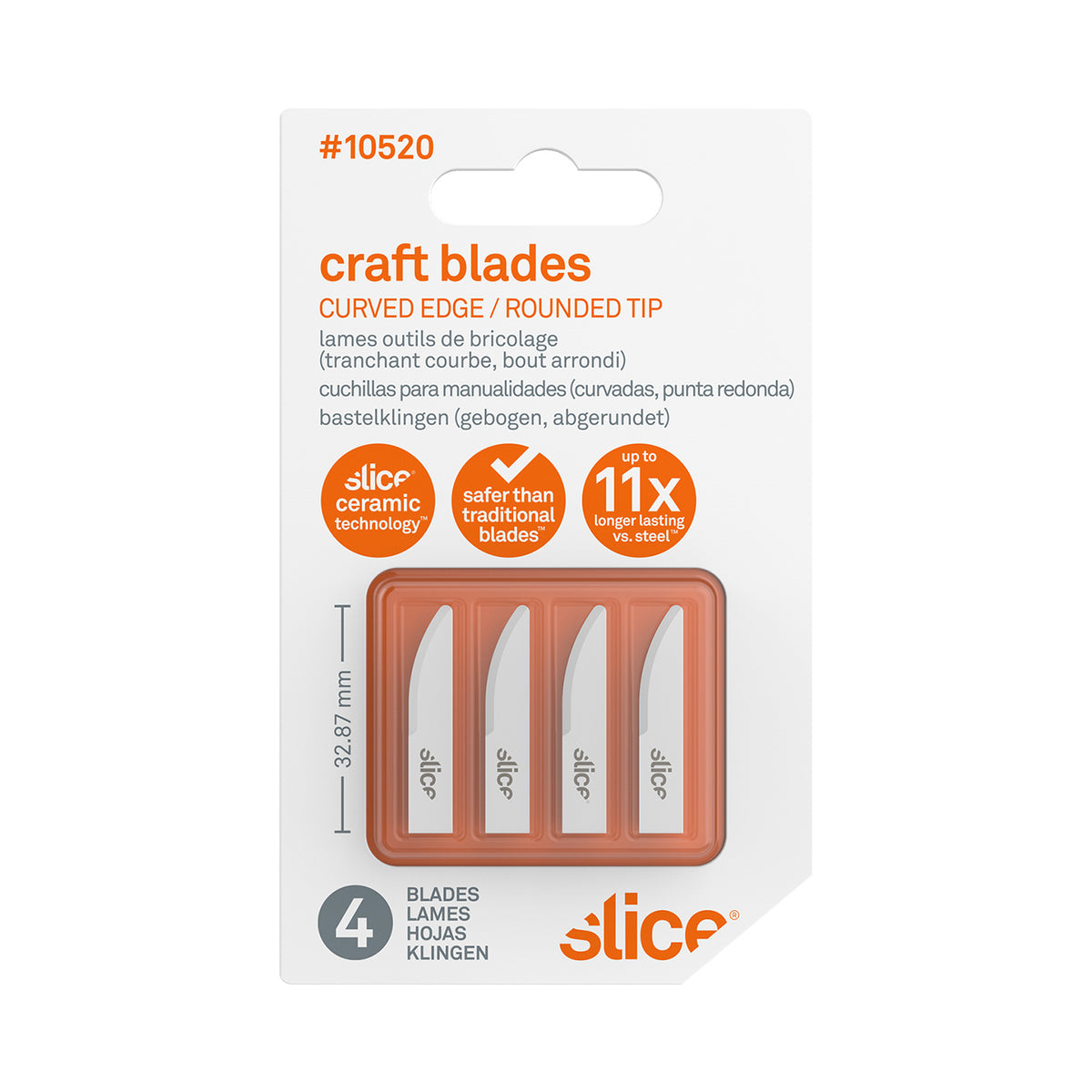 Slice #10520 craft blades card, four curved edge rounded tip ceramic blades in an orange tray, 32.87mm marked