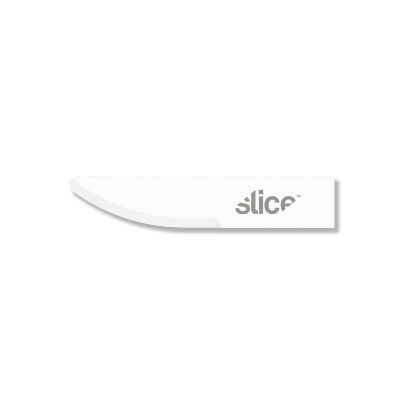Single white Slice #10520 ceramic craft blade shown flat, curved cutting edge with grey Slice logo