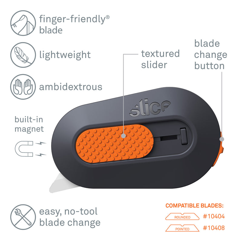 Slice 10515 mini cutter diagram: grey oval body with orange textured slider, built-in magnet, blade change button and compatible blades