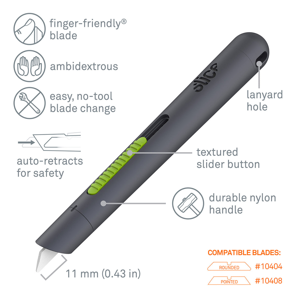 Slice 10512 pen cutter diagram: grey barrel with green textured slider, auto-retract icon, 11mm blade and compatible blades
