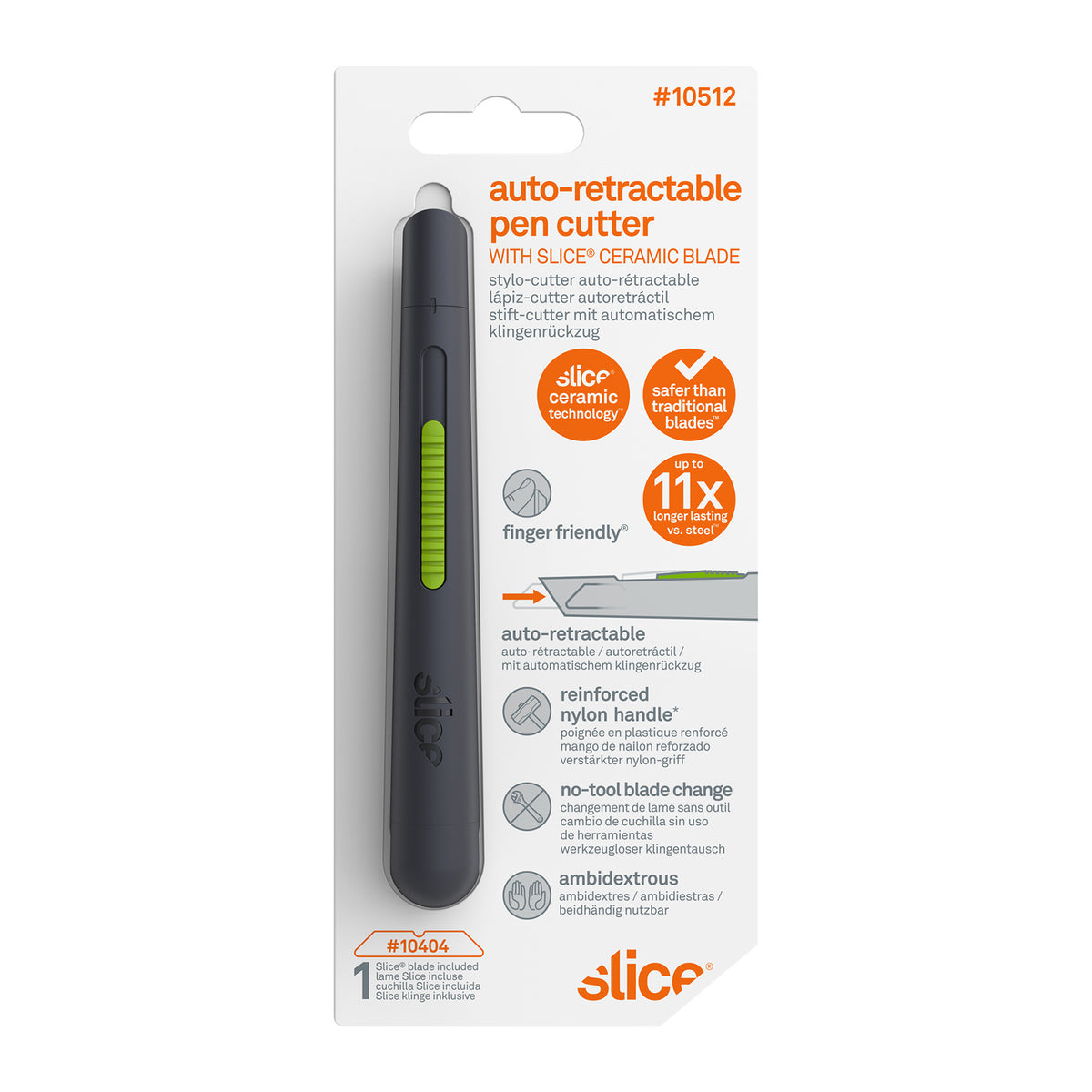 Slice 10512 auto-retractable pen cutter on retail card with one #10404 blade included and feature icons