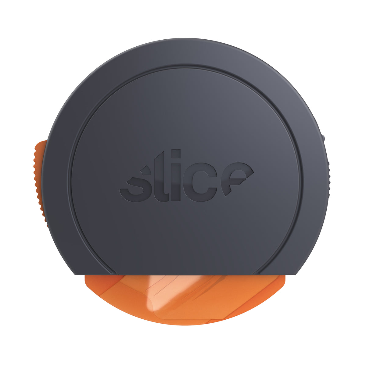 Front view of the round Slice 10477 carton opener with embossed logo and orange blade guard below
