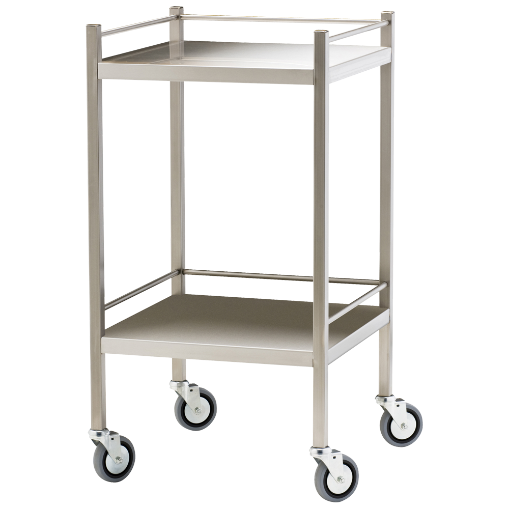Small Stainless Steel Trolley with Rails 50 x 50 x 97cm showing compact medical-grade stainless steel clinical trolley with side rails for first aid room use