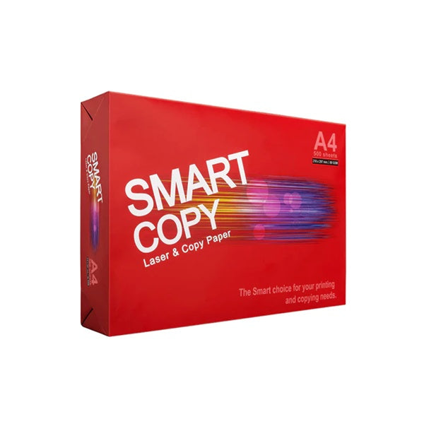 Ream of Smart Copy A4 laser and copy paper in a red wrapper with white Smart Copy lettering and colourful light streak design
