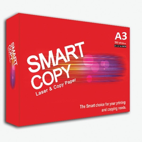 Ream of Smart Copy A3 laser and copy paper in a red wrapper with white Smart Copy lettering, a colourful light streak and an A3 500 sheets panel in the corner.