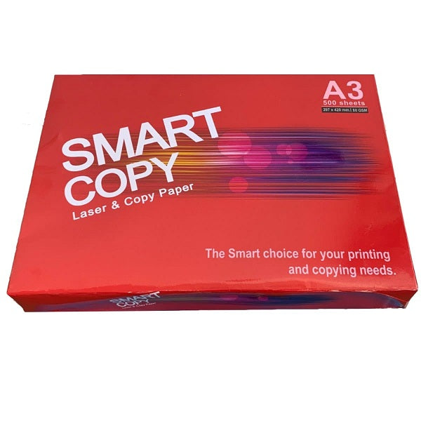 Smart Copy A3 ream photographed flat, red wrapper marked A3, 500 sheets, 297 x 420 mm and 80 gsm, with the Smart choice for your printing and copying needs line.