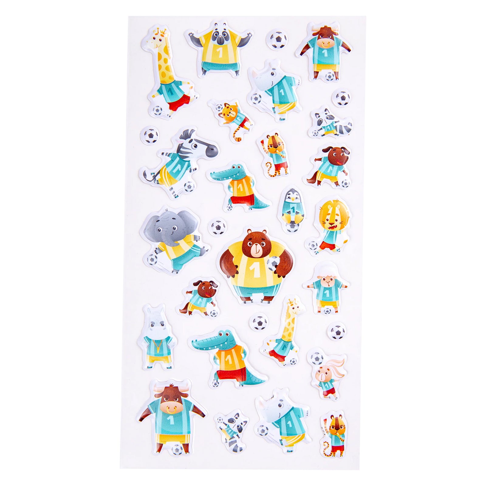 Complete sticker sheet showing a playful assortment of animal soccer players, soccer balls and sporting characters. The bright colours and fun artwork make the stickers ideal for decorating school supplies and craft projects.