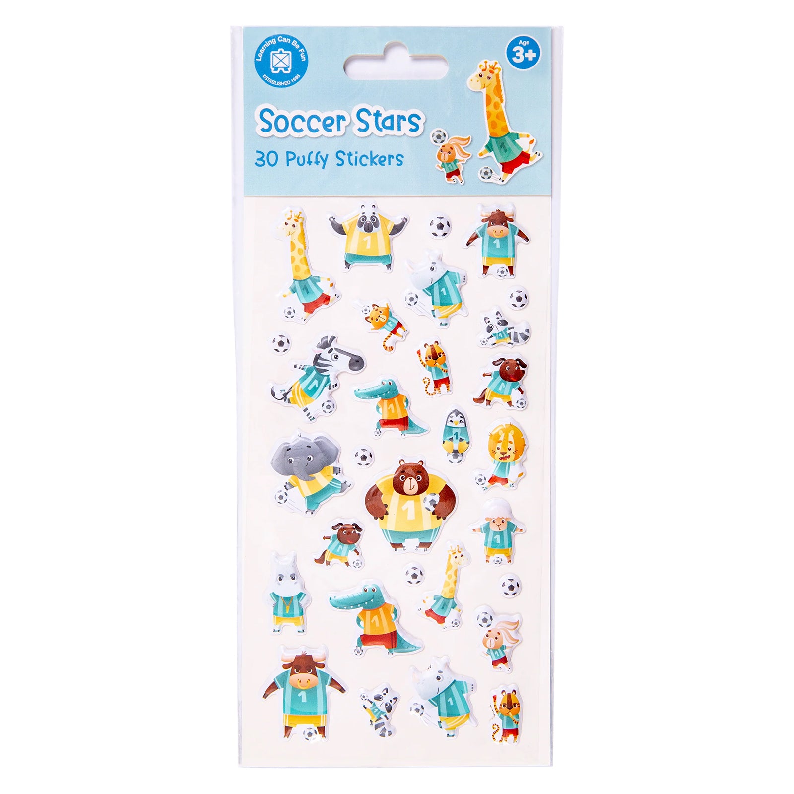 Retail packaging of the Learning Can Be Fun Soccer Stars Puffy Sticker Set containing 30 raised stickers. The package showcases colourful animal soccer characters designed for creative play, decorating and sports themed crafts.