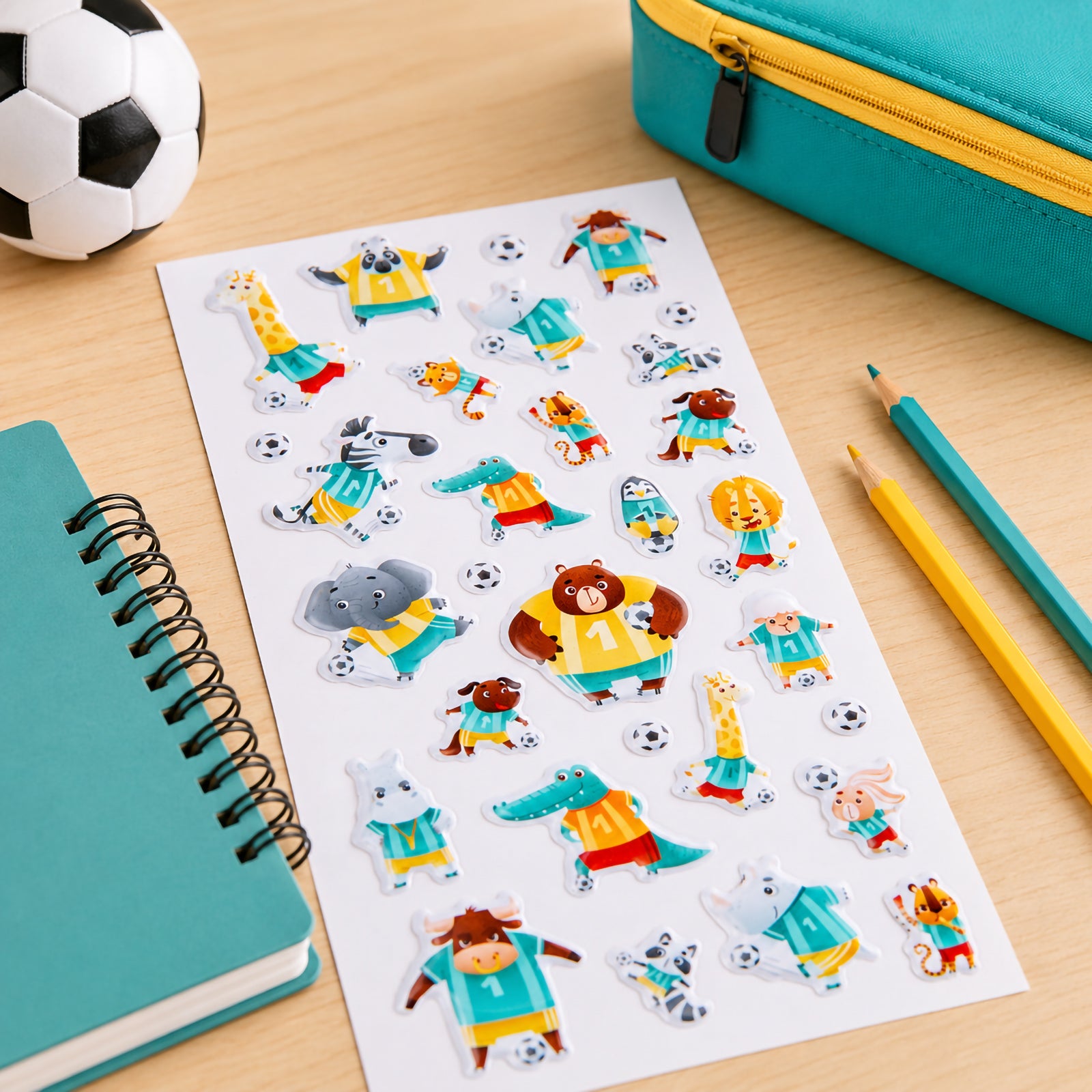 Full sticker sheet featuring 30 puffy stickers with cheerful animal athletes including bears, elephants, crocodiles, giraffes, zebras and lions. Each character is dressed in soccer uniforms and posed in action packed sporting scenes.