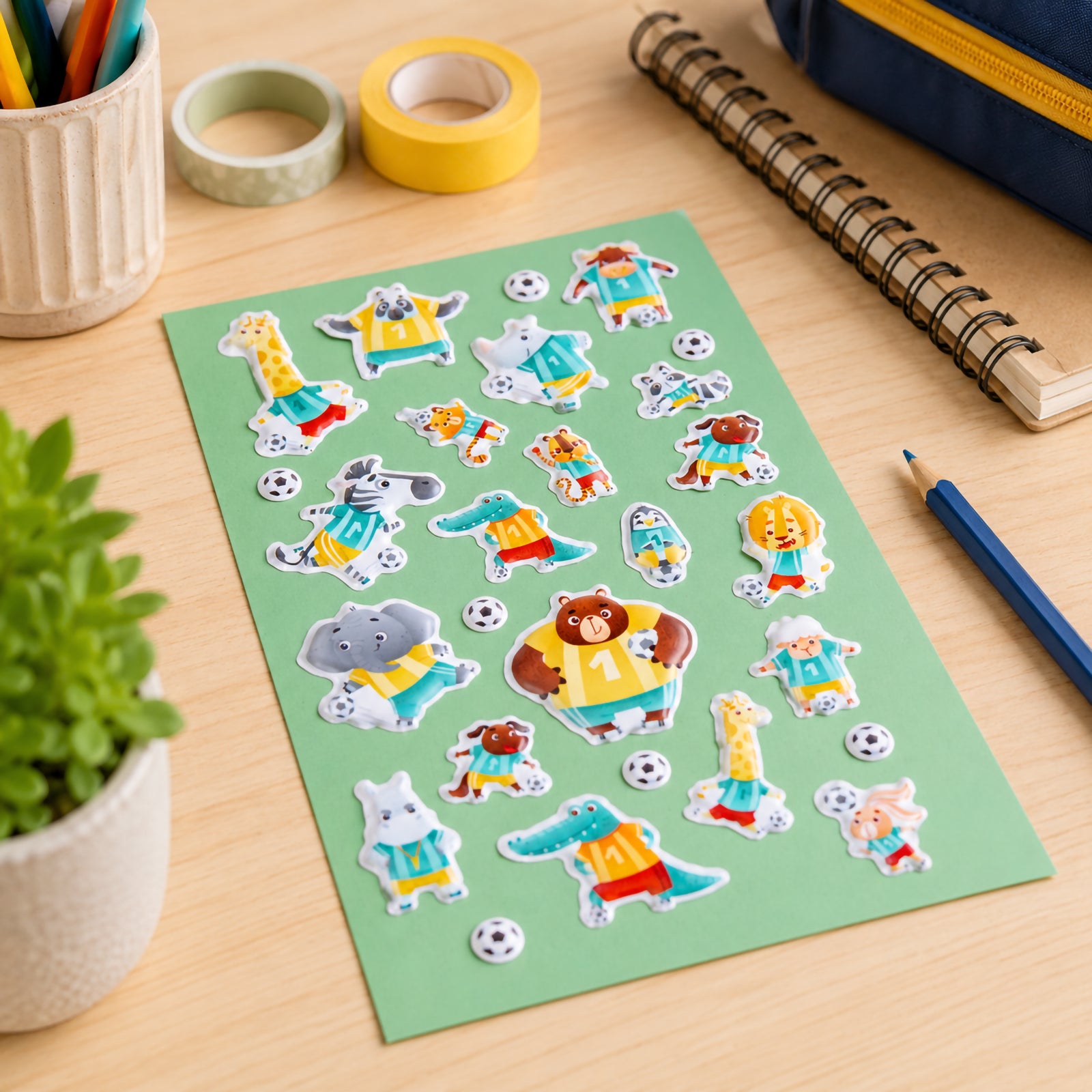 Green craft sheet displaying a variety of soccer themed animal puffy stickers arranged for a creative activity. Characters wear colourful soccer uniforms and are shown kicking, dribbling and celebrating with soccer balls.