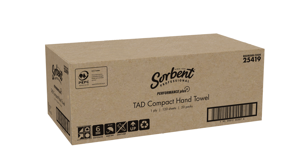 Sorbent Professional carton for reorder code 25419 Performance Plus TAD Compact Hand Towel, printed 1 ply, 120 sheets and 20 packs