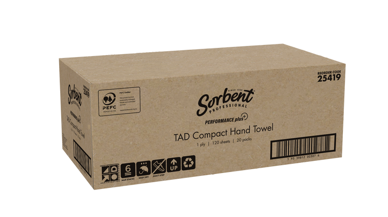 Sorbent Professional carton for reorder code 25419 Performance Plus TAD Compact Hand Towel, printed 1 ply, 120 sheets and 20 packs