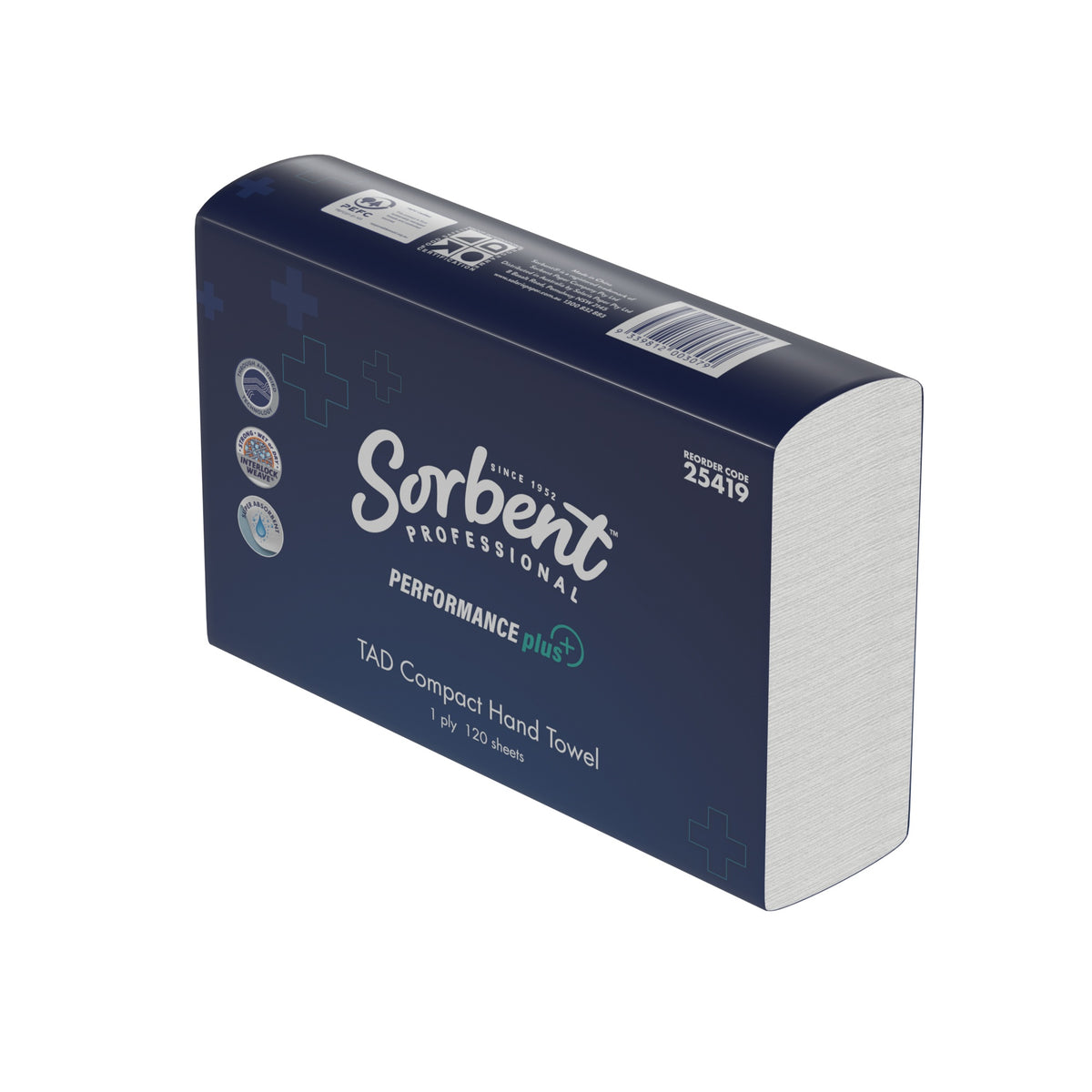 Navy Sorbent Professional Performance Plus TAD Compact Hand Towel pack printed reorder code 25419, angled view
