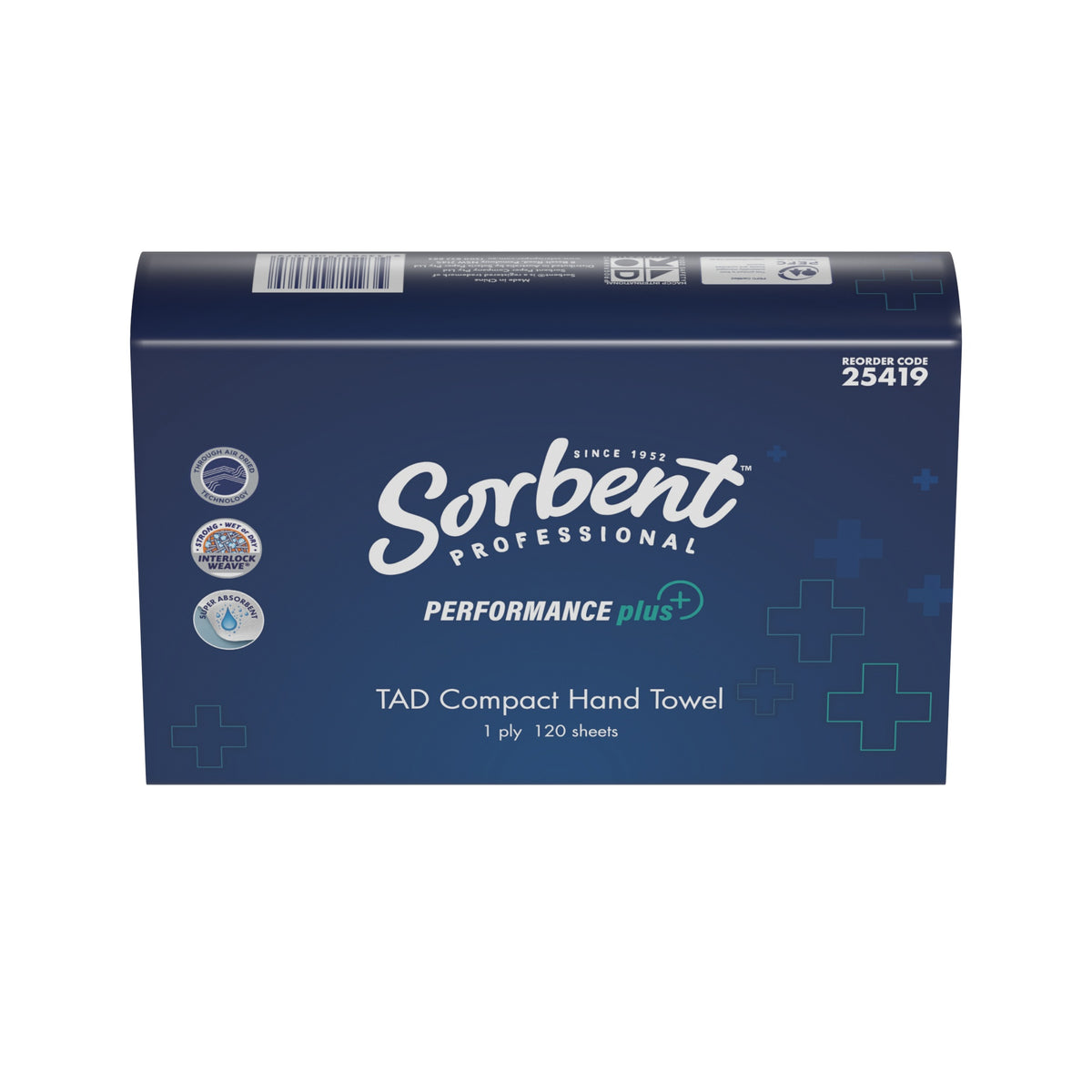 Front of the Sorbent Professional Performance Plus TAD Compact Hand Towel pack, reorder code 25419