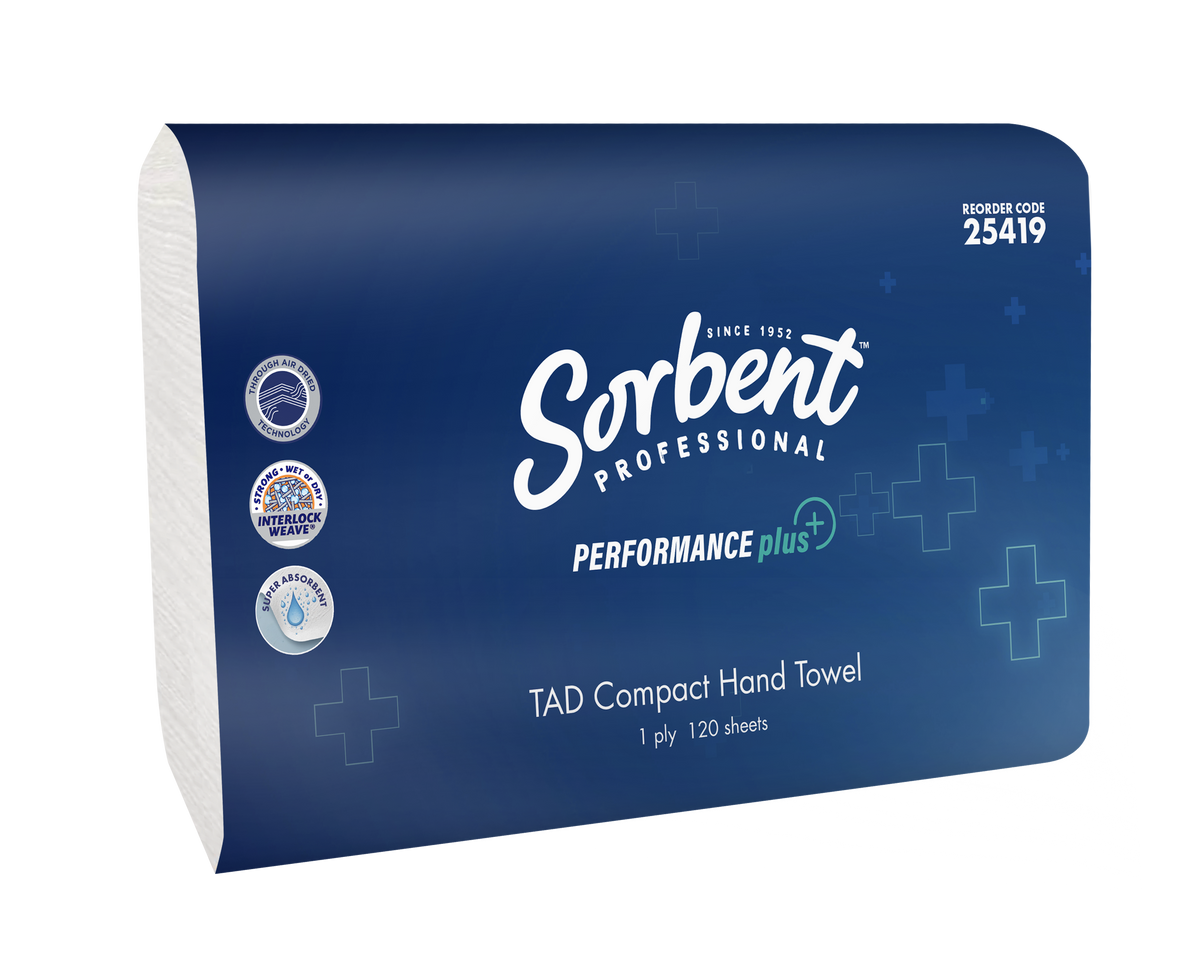 Front of the Sorbent Professional Performance Plus Compact pack wrapper, 1 ply 120 sheets