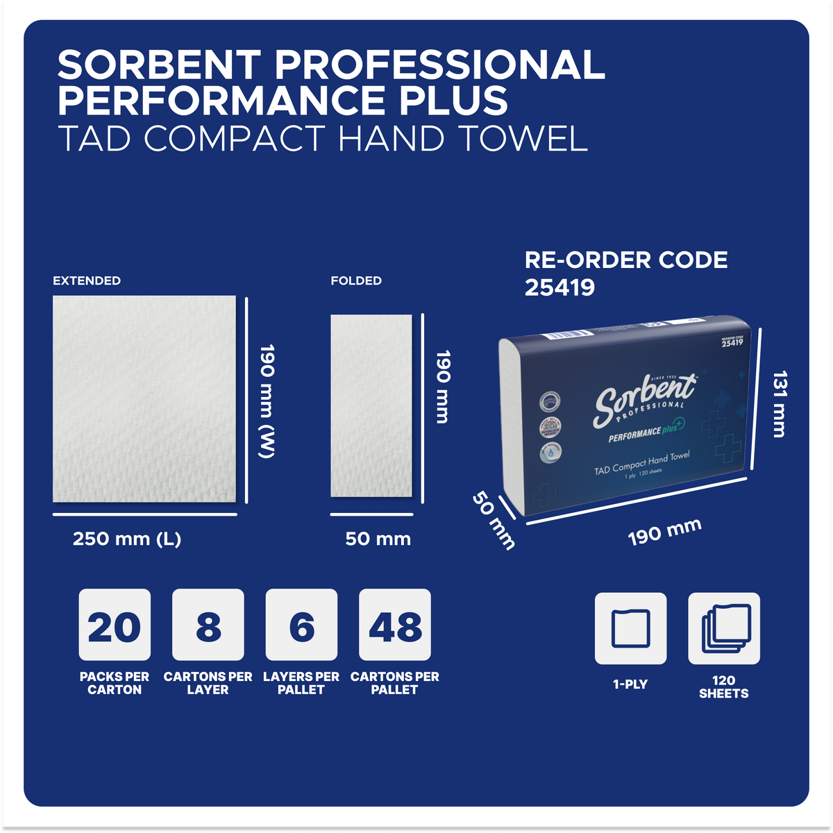 Sorbent size guide for 25419: 250mm by 190mm sheet, 50mm fold, 20 packs per carton and 48 cartons per pallet