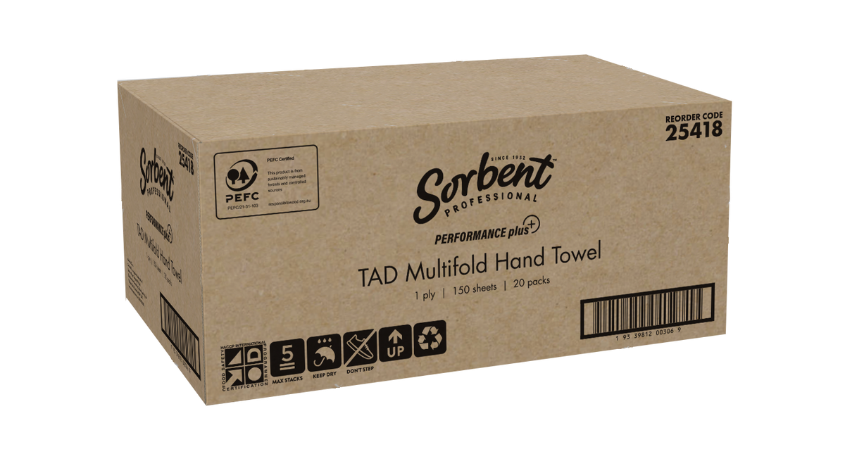 Sorbent Professional carton for reorder code 25418 Performance Plus TAD Multifold Hand Towel, printed 1 ply, 150 sheets and 20 packs