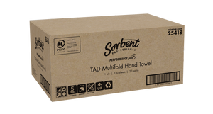 Sorbent Professional carton for reorder code 25418 Performance Plus TAD Multifold Hand Towel, printed 1 ply, 150 sheets and 20 packs
