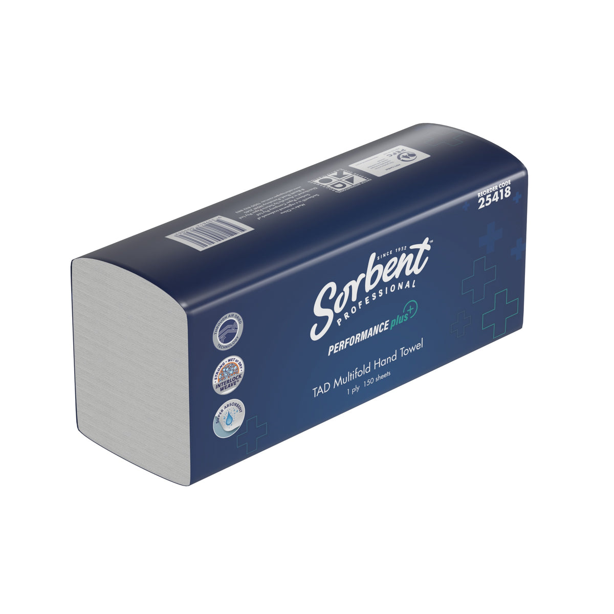 Navy Sorbent Professional Performance Plus TAD Multifold Hand Towel pack printed reorder code 25418, angled view