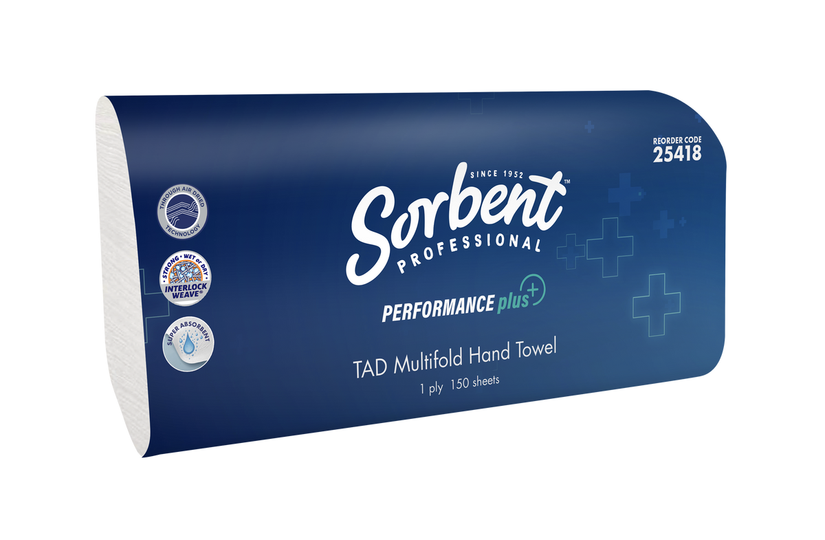 Front of the Sorbent Professional Performance Plus Multifold pack wrapper, 1 ply 150 sheets