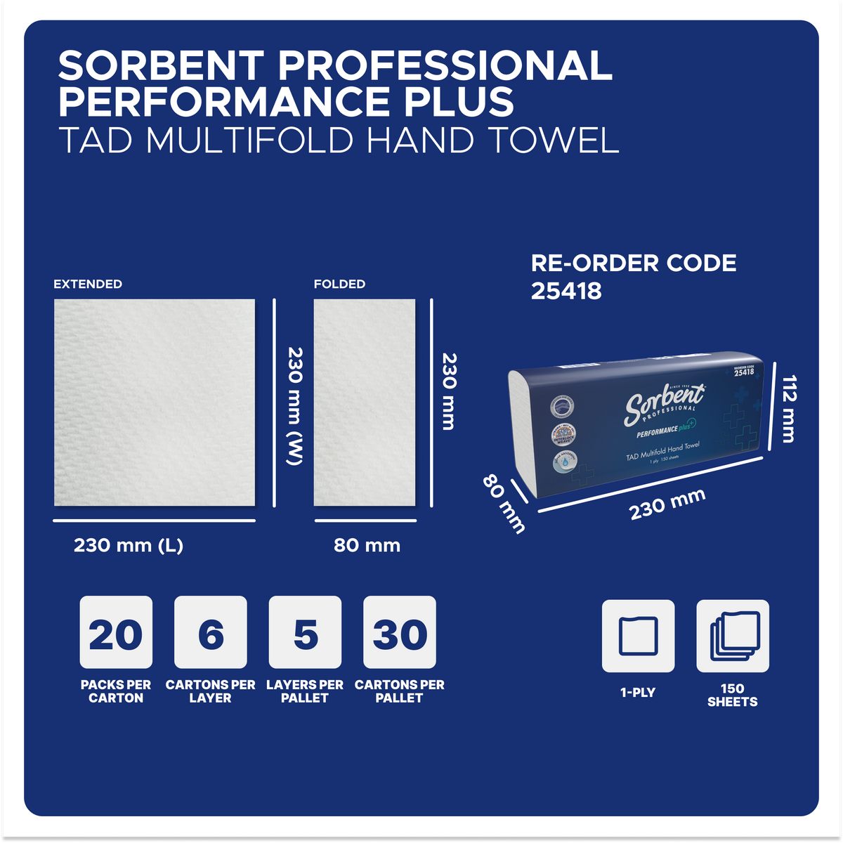 Sorbent size guide for 25418: 230mm square sheet, 80mm fold, 20 packs per carton and 30 cartons per pallet