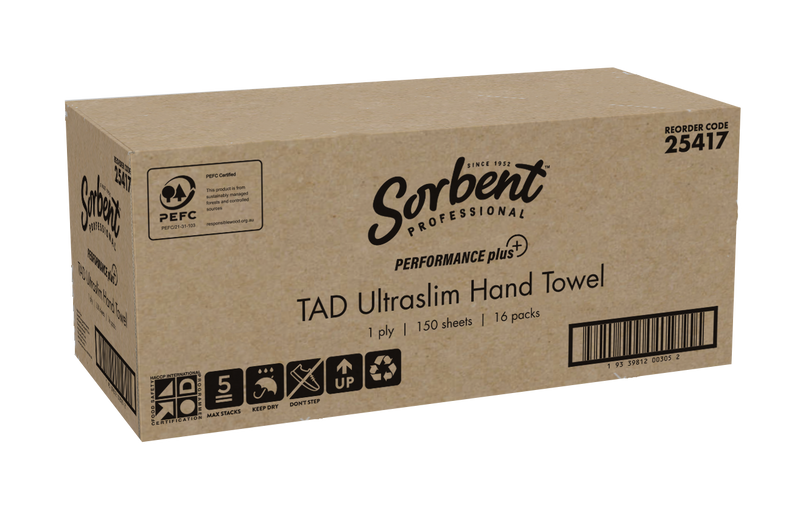 Sorbent Professional carton for reorder code 25417 Performance Plus TAD Ultraslim Hand Towel, printed 1 ply, 150 sheets and 16 packs