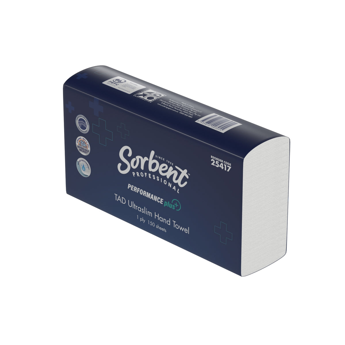 Navy Sorbent Professional Performance Plus TAD Ultraslim Hand Towel pack printed reorder code 25417, angled view