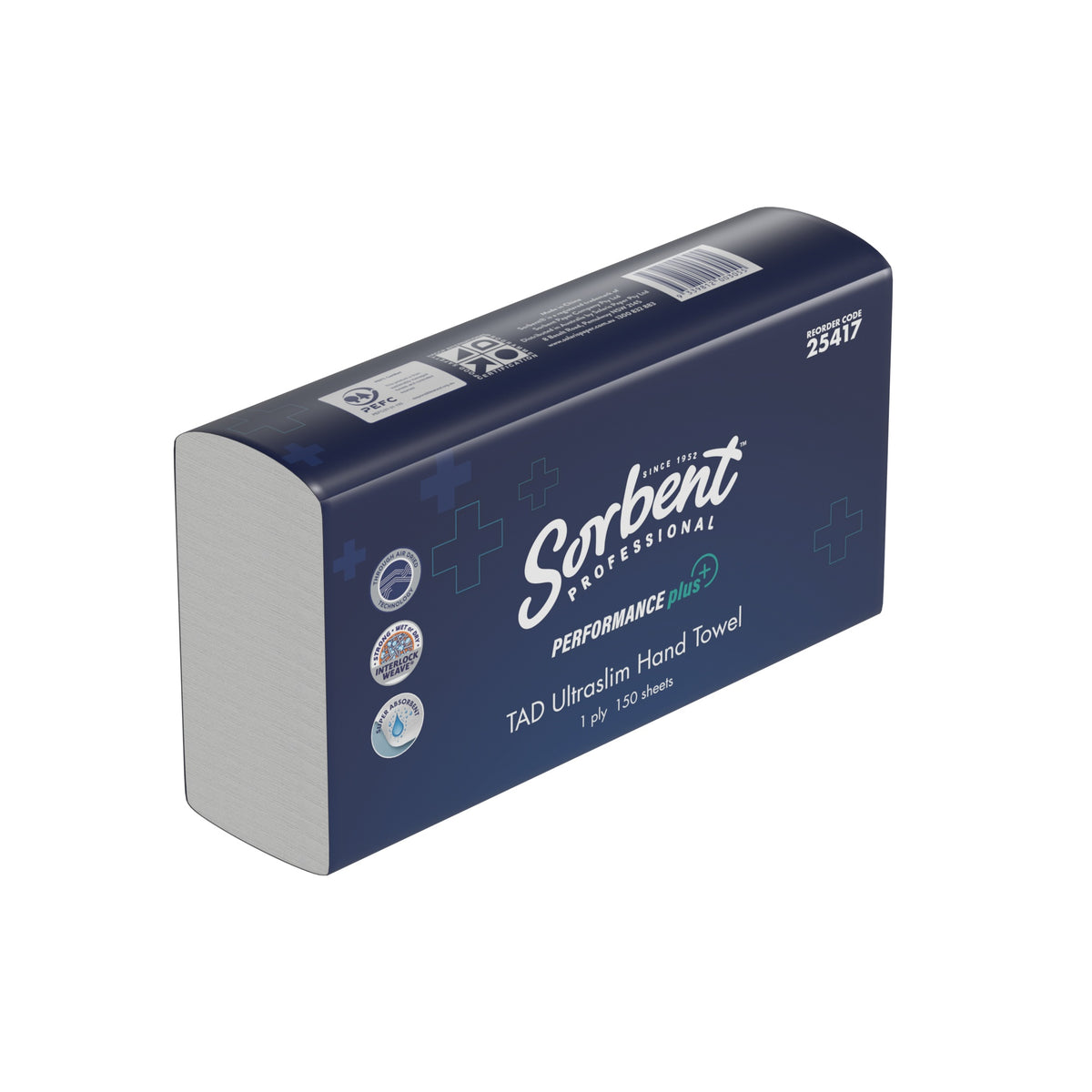 Sorbent Professional Performance Plus TAD Ultraslim Hand Towel pack showing reorder code 25417 and the folded towel stack