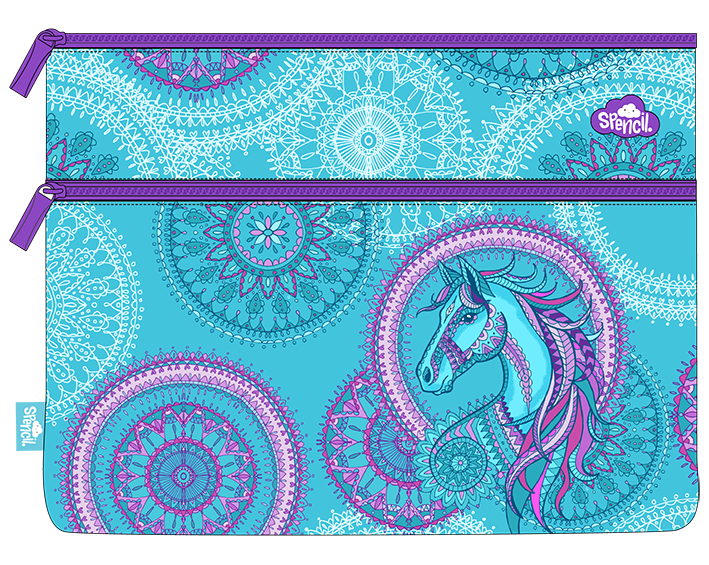 Front of the Spencil Amethyst Spirit A4 twin zip pencil case showing a white and violet horse head with a flowing mane among violet mandala medallions on a turquoise background, with purple zips