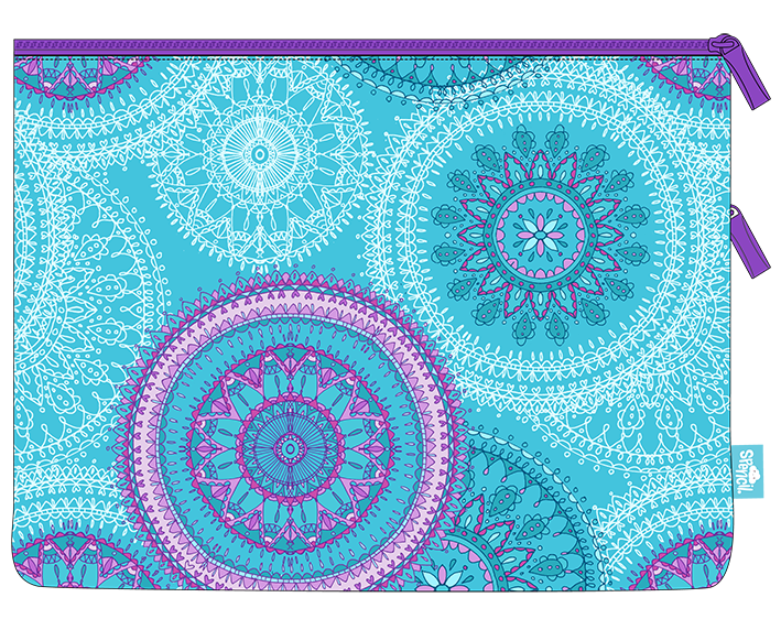 Back of the Spencil Amethyst Spirit A4 twin zip pencil case showing repeating violet mandala medallions on turquoise