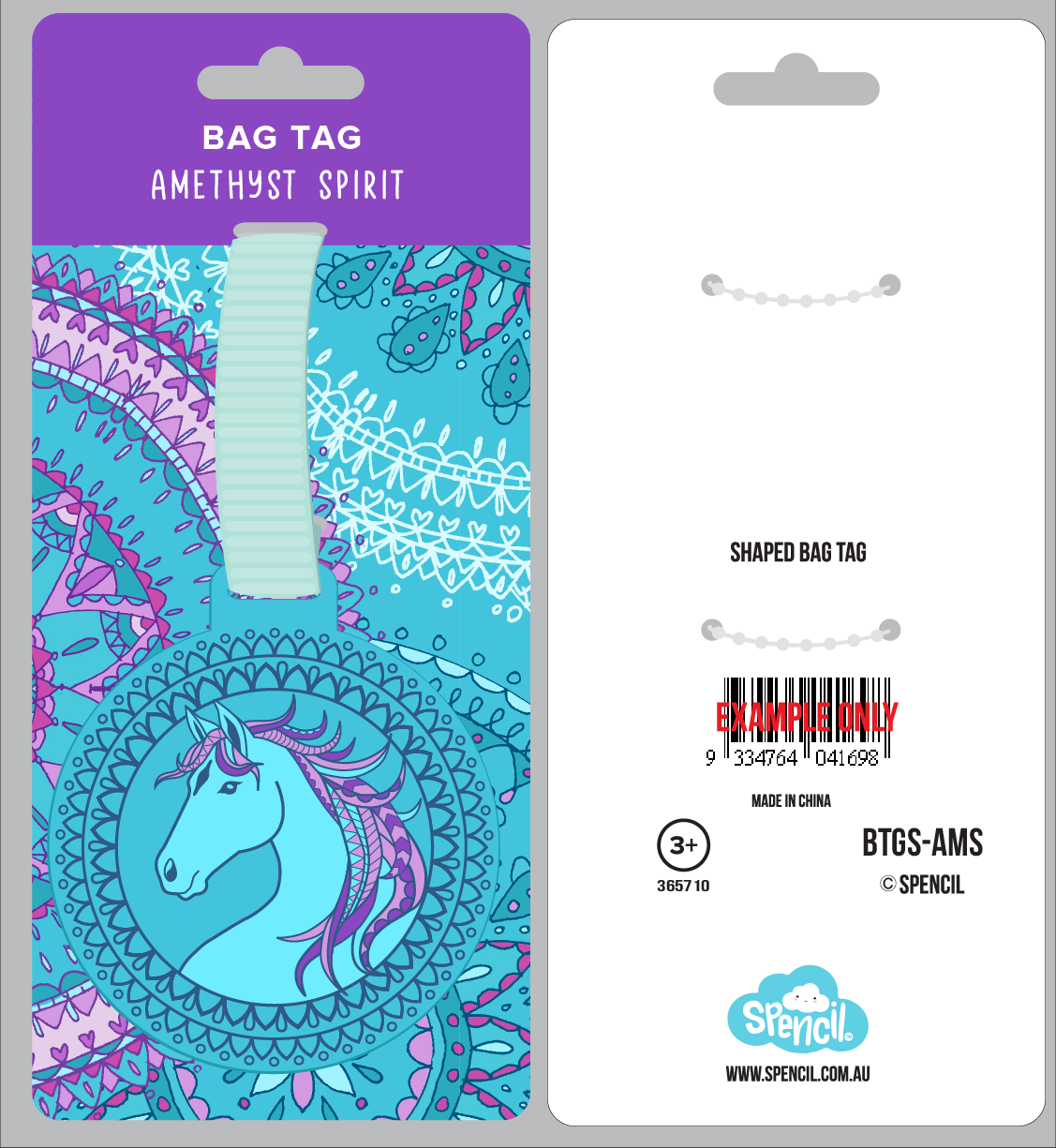 Spencil Amethyst Spirit Bag Tag on its Spencil hang-sell card with Amethyst Spirit packaging artwork