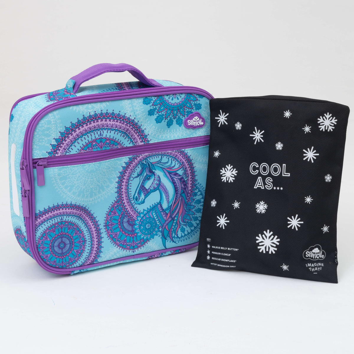 Spencil Amethyst Spirit Big Cooler Lunch Bag photographed beside the Big Chill Pack in its black snowflake cover, showing the aqua background with purple mandalas and a flowing line-drawn horse portrait, finished with purple zips and handle