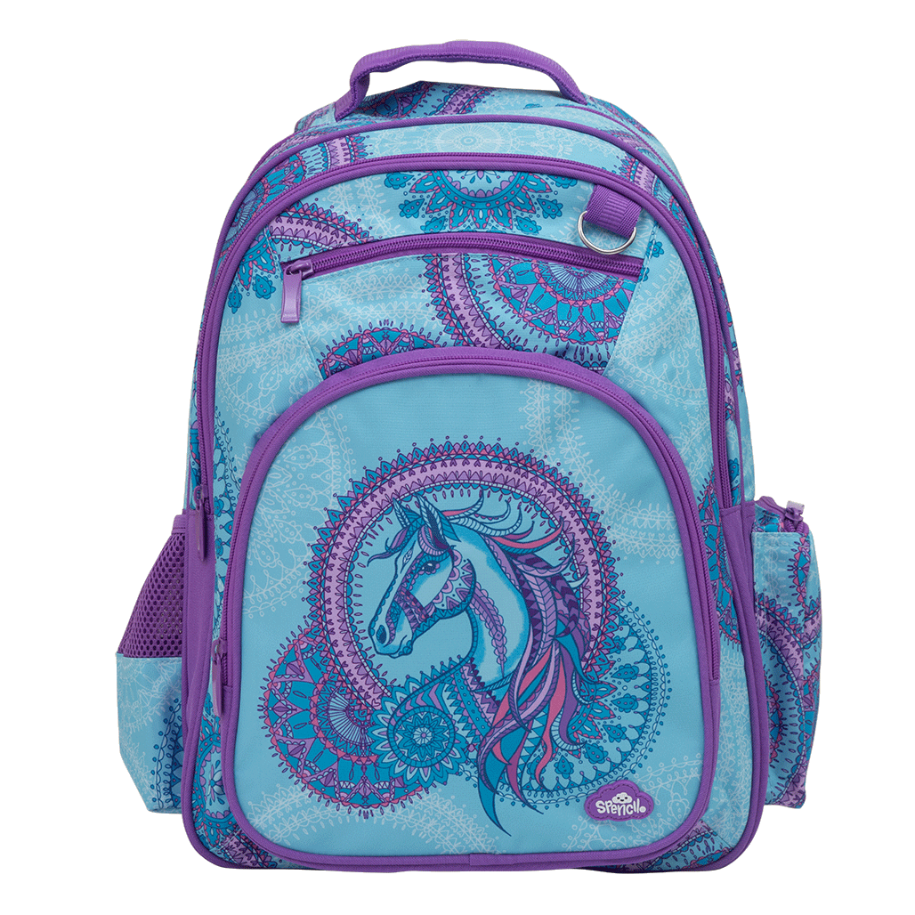 Spencil Amethyst Spirit Big Kids Backpack, front view, aqua mandala print with a turquoise horse on the front pocket and purple trim