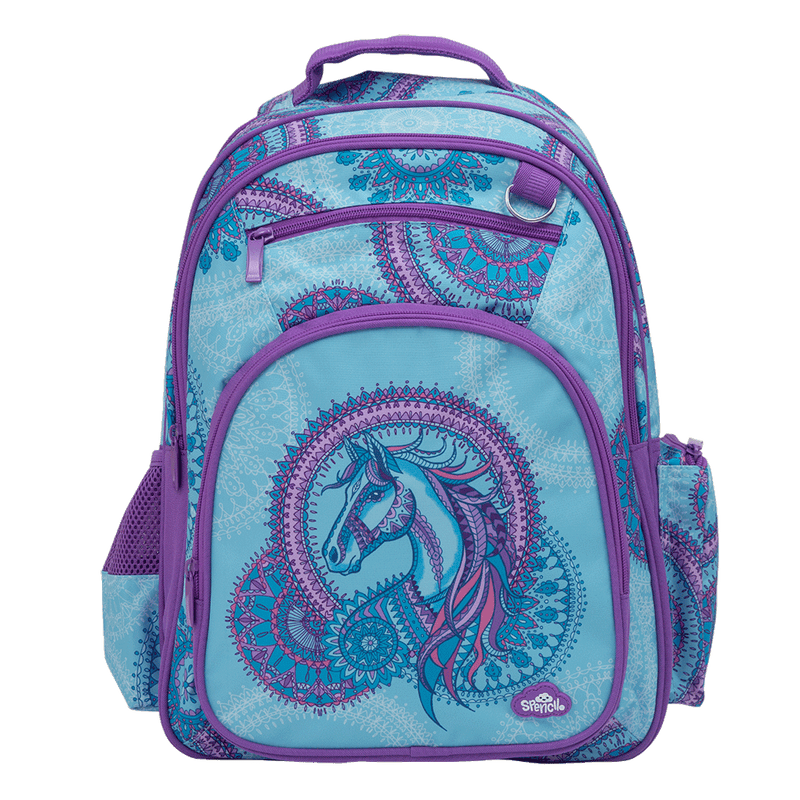 Spencil Amethyst Spirit Big Kids Backpack, front view, aqua mandala print with a turquoise horse on the front pocket and purple trim