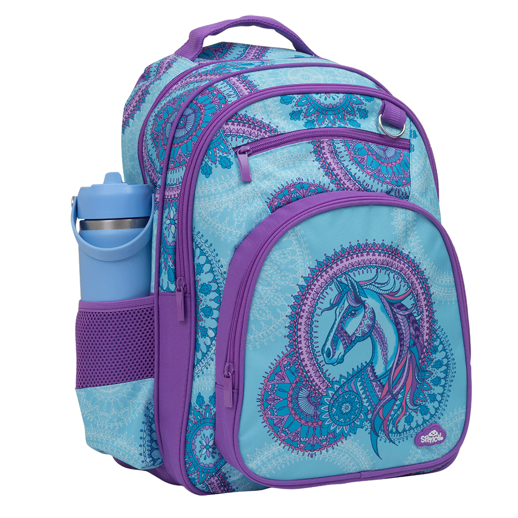 Spencil Amethyst Spirit Big Kids Backpack, three-quarter view with a drink bottle in the side sleeve, aqua mandala print and purple trim