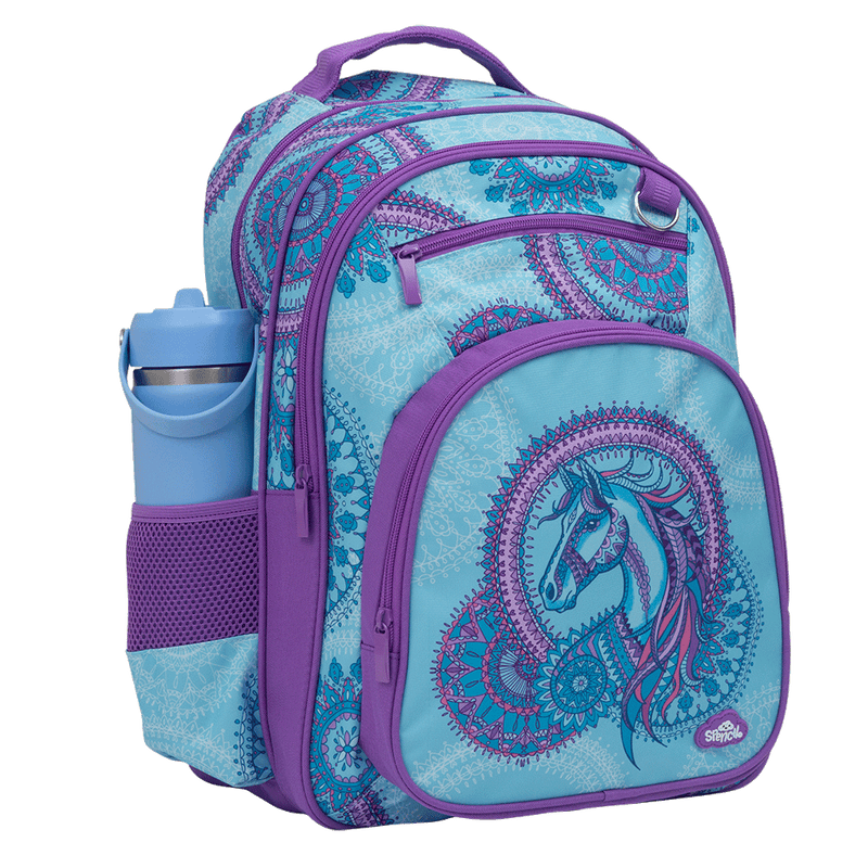 Spencil Amethyst Spirit Big Kids Backpack, three-quarter view with a drink bottle in the side sleeve, aqua mandala print and purple trim