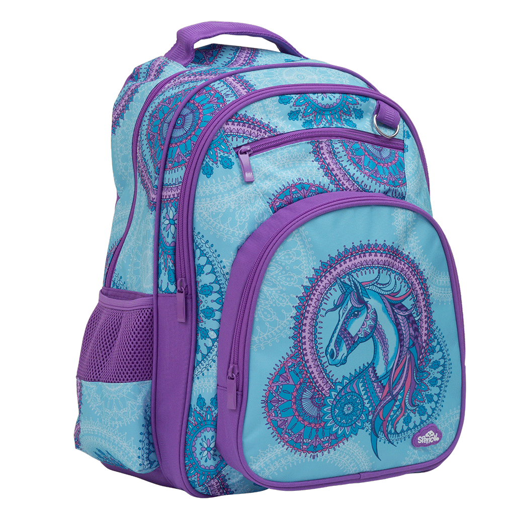 Spencil Amethyst Spirit Big Kids Backpack, three-quarter view showing the mesh bottle sleeve, aqua mandala print and purple trim