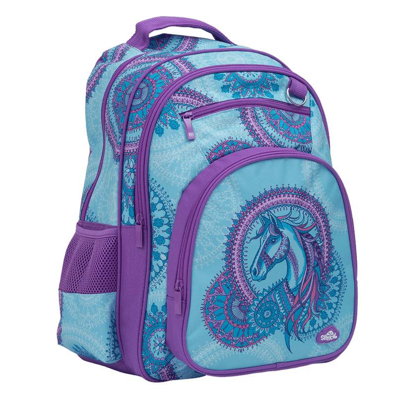 Spencil Amethyst Spirit Big Kids Backpack, three-quarter view showing the mesh bottle sleeve, aqua mandala print and purple trim