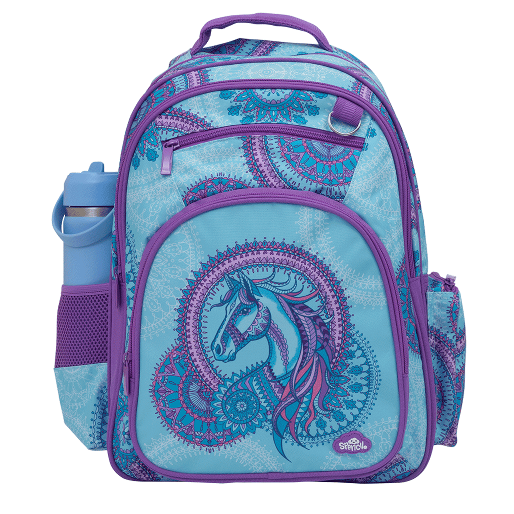 Spencil Amethyst Spirit Big Kids Backpack, three-quarter view showing the side zip pocket, aqua mandala print and purple trim