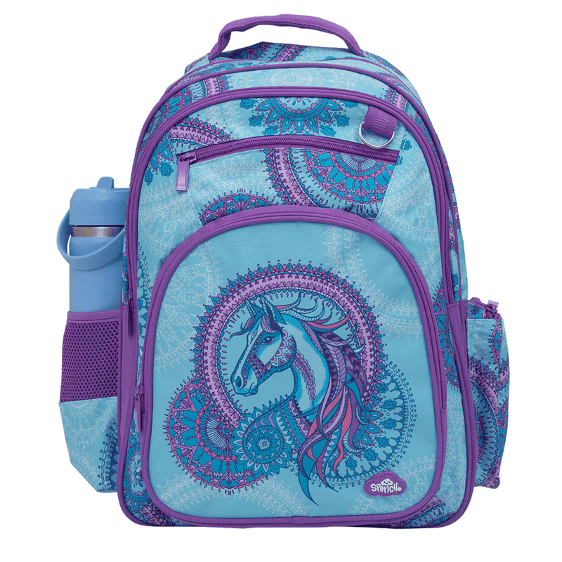 Spencil Amethyst Spirit Big Kids Backpack, three-quarter view showing the side zip pocket, aqua mandala print and purple trim