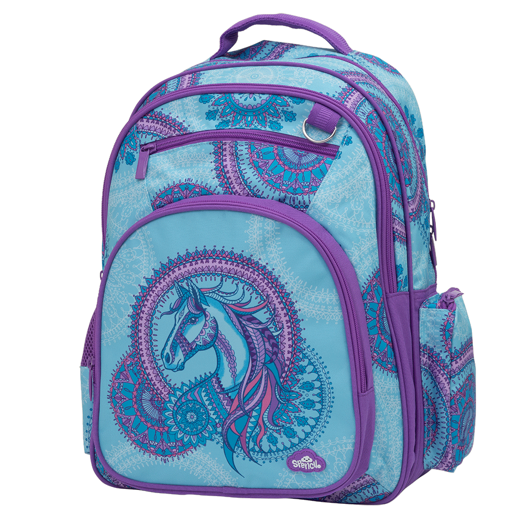 Spencil Amethyst Spirit Big Kids Backpack, back view with padded purple shoulder straps and back panel
