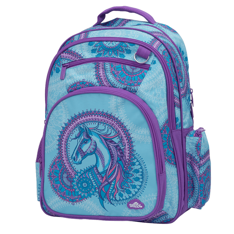 Spencil Amethyst Spirit Big Kids Backpack, back view with padded purple shoulder straps and back panel