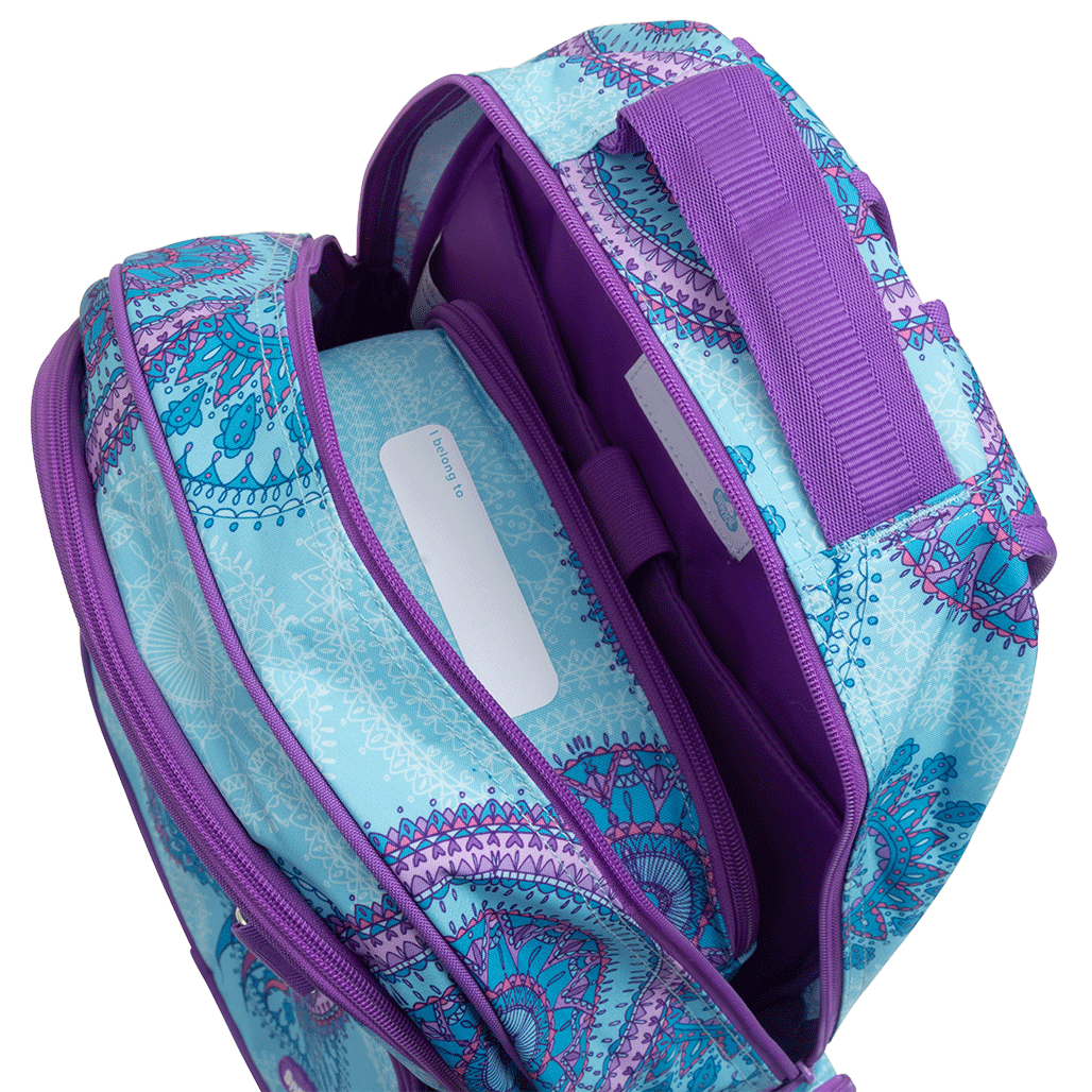 Spencil Amethyst Spirit Big Kids Backpack, main compartment open, showing the padded laptop pocket and inside name label