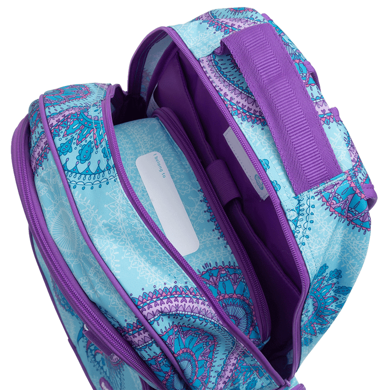 Spencil Amethyst Spirit Big Kids Backpack, main compartment open, showing the padded laptop pocket and inside name label