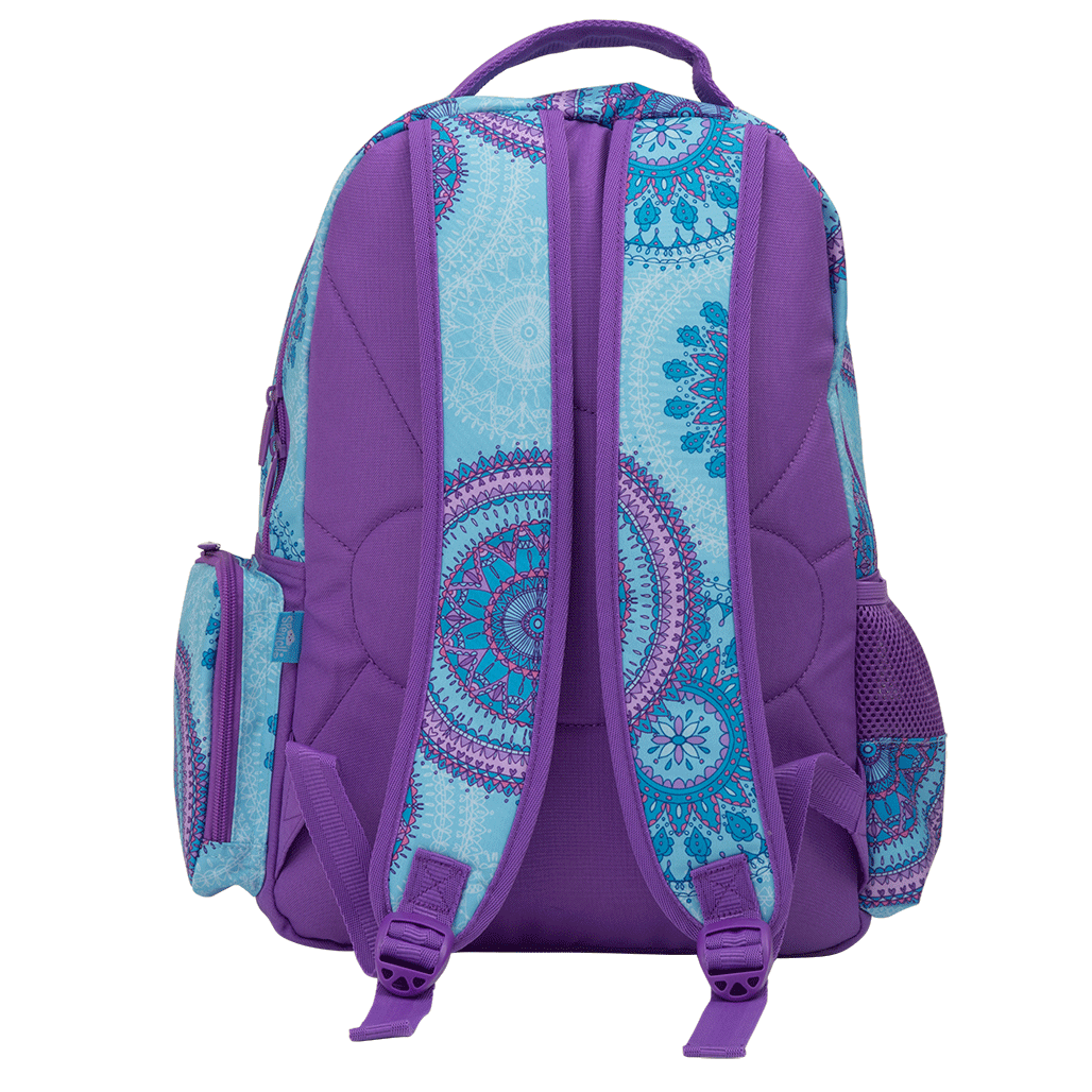Spencil Amethyst Spirit Big Kids Backpack, front view on white with a drink bottle in the side sleeve